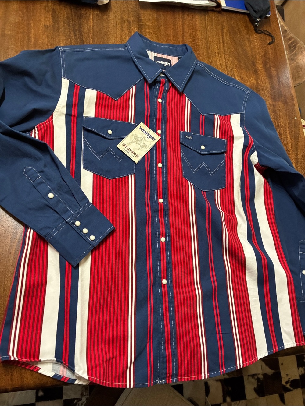 Wrangler Red, White & Navy Striped Western Button-Down Shirt Lone star
